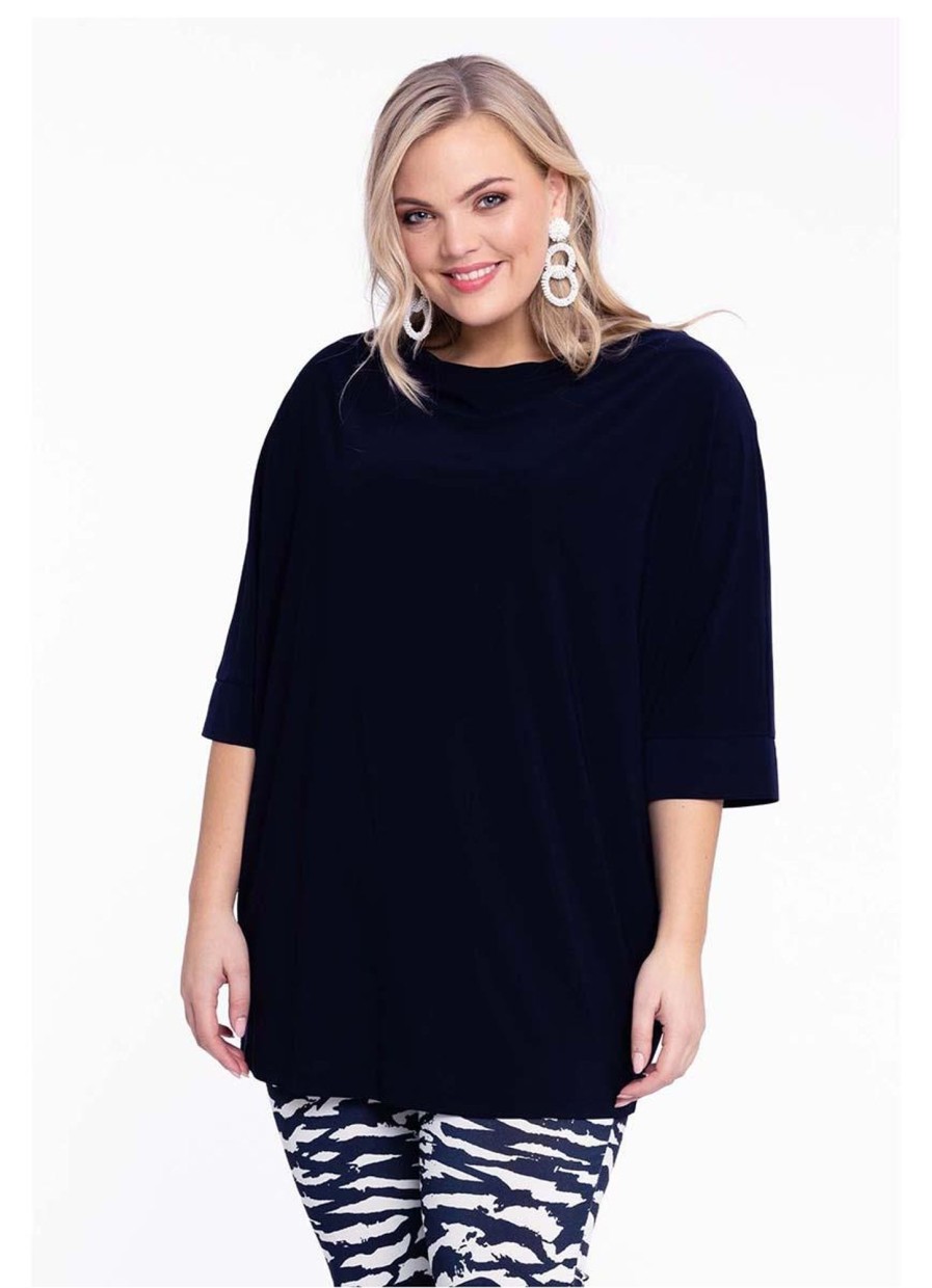 Grote Maten Mode Yoek | Yoek Loretta'S Shirt Kimono Sleeve Dolce L164034-230 Navy