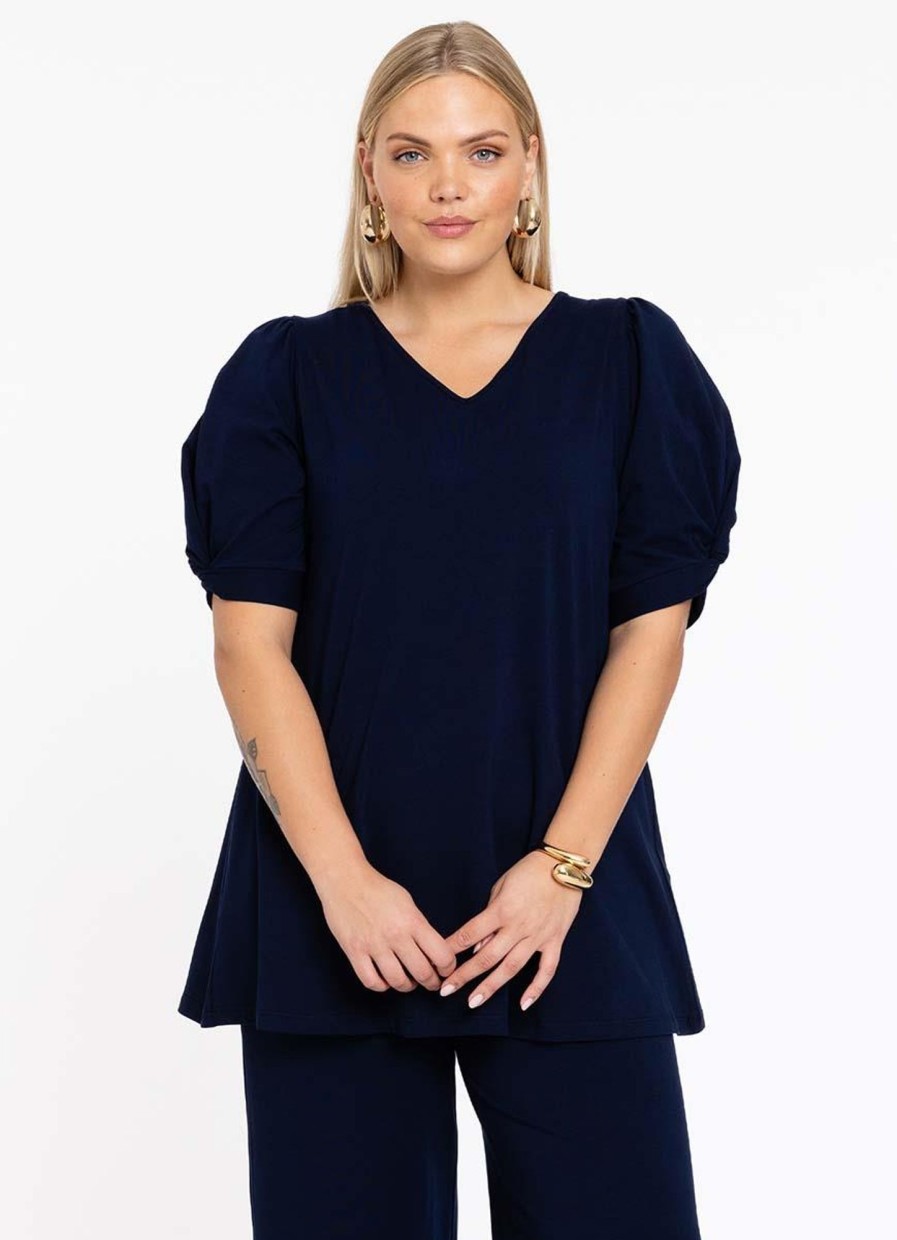 Grote Maten Mode Yoek | Yoek Tunic Flare Puff Organic Cotton B4150 - 230 Navy