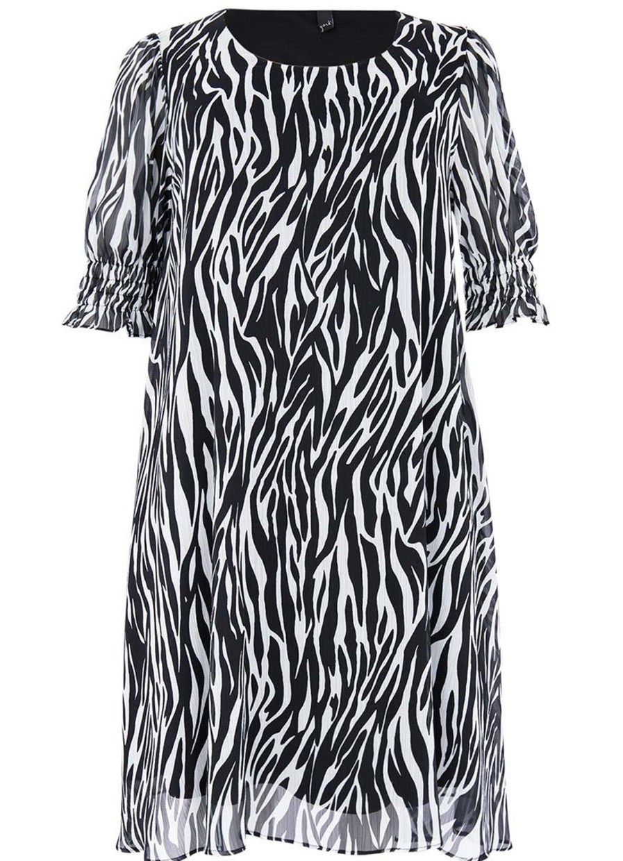 Grote Maten Mode Yoek | Yoek Jurk Puff Sleeve Zebra 1617582 Zwart-Wit