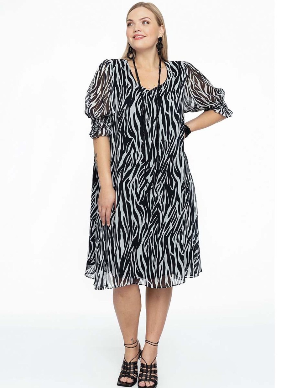 Grote Maten Mode Yoek | Yoek Jurk Puff Sleeve Zebra 1617582 Zwart-Wit