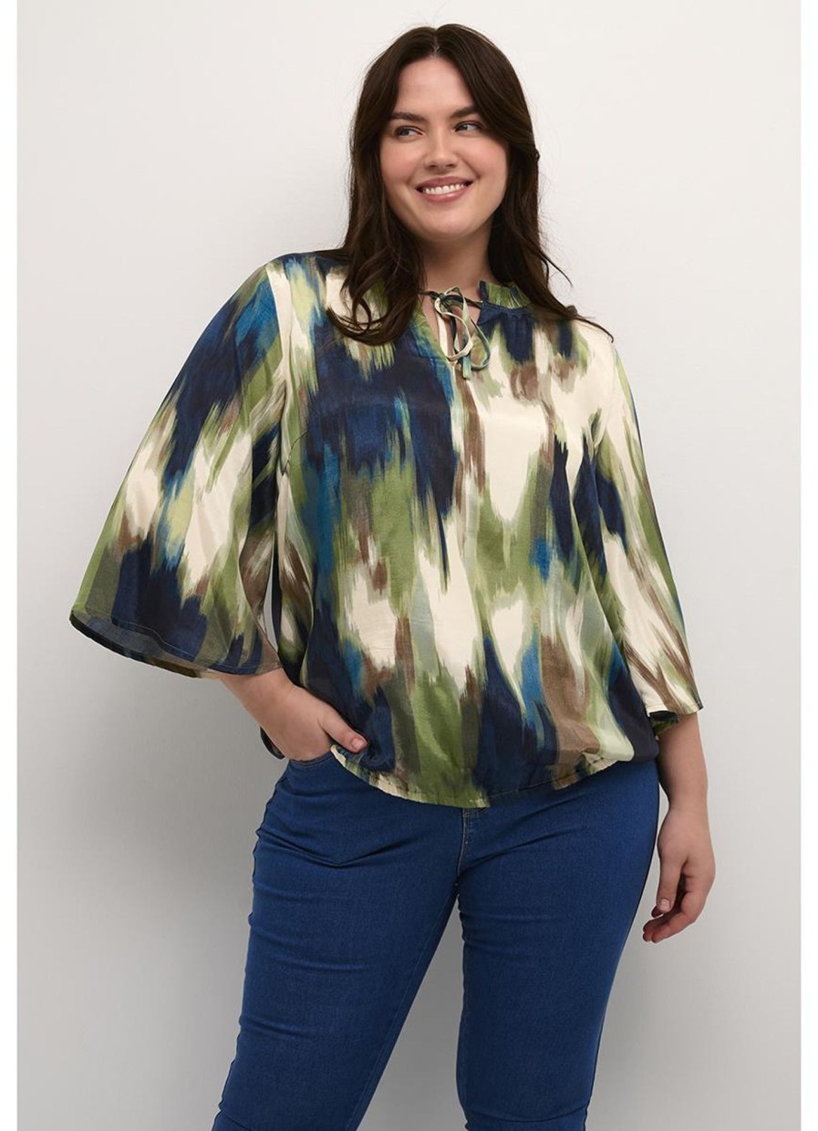 Grote Maten Mode Kaffe Curve | Kaffe Curve Dory Blouse 10581639 - 104435 Green Brown Faded