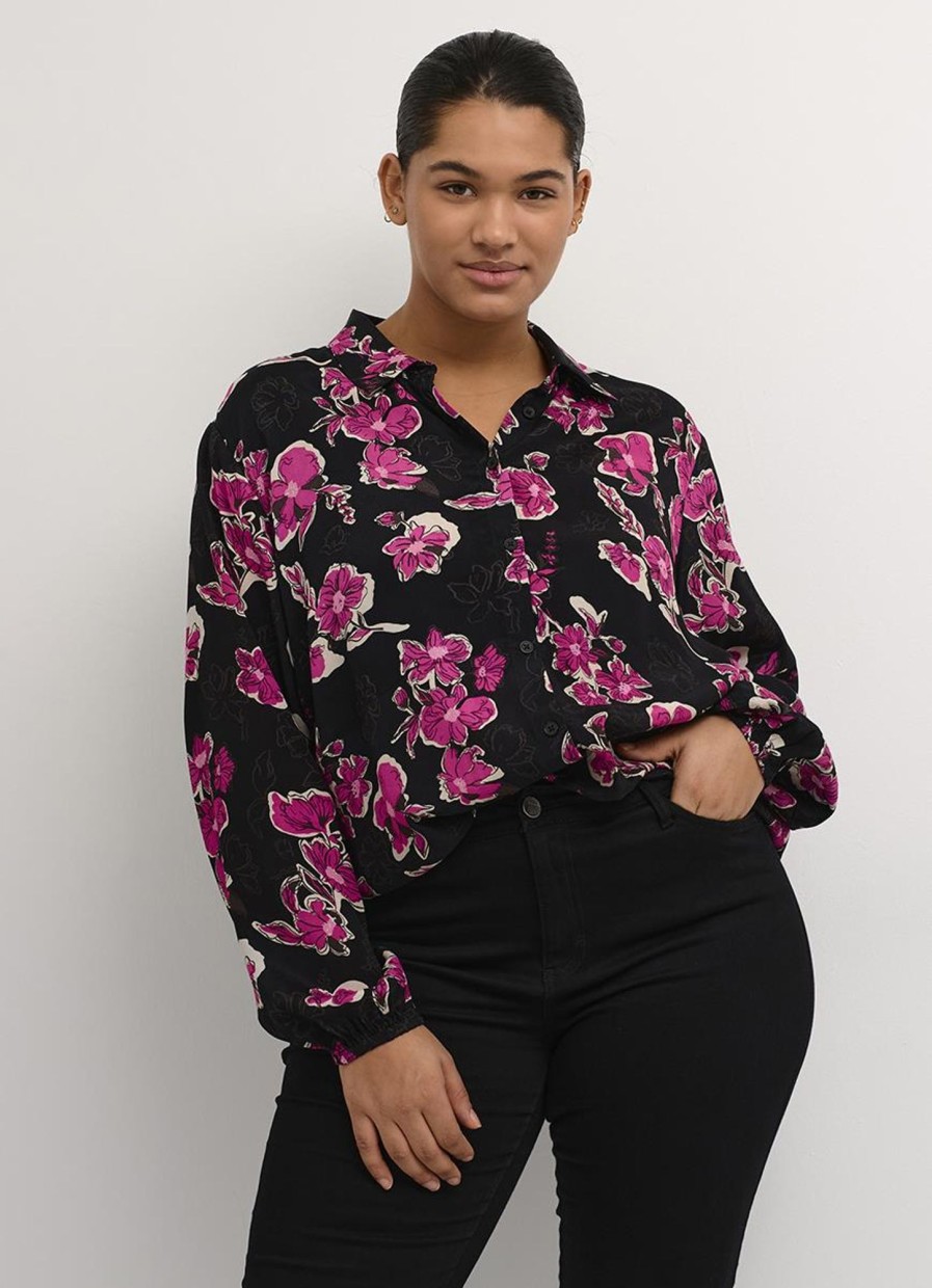 Grote Maten Mode Kaffe Curve | Kaffe Curve Doorknoopblouse Polla 10581777 - 104811 Fuchsia Red Flowers