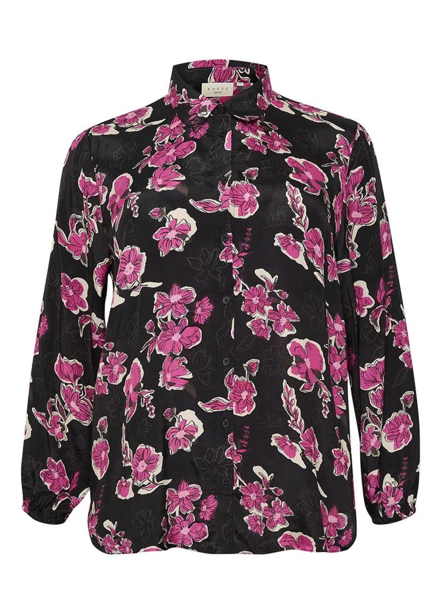 Grote Maten Mode Kaffe Curve | Kaffe Curve Doorknoopblouse Polla 10581777 - 104811 Fuchsia Red Flowers