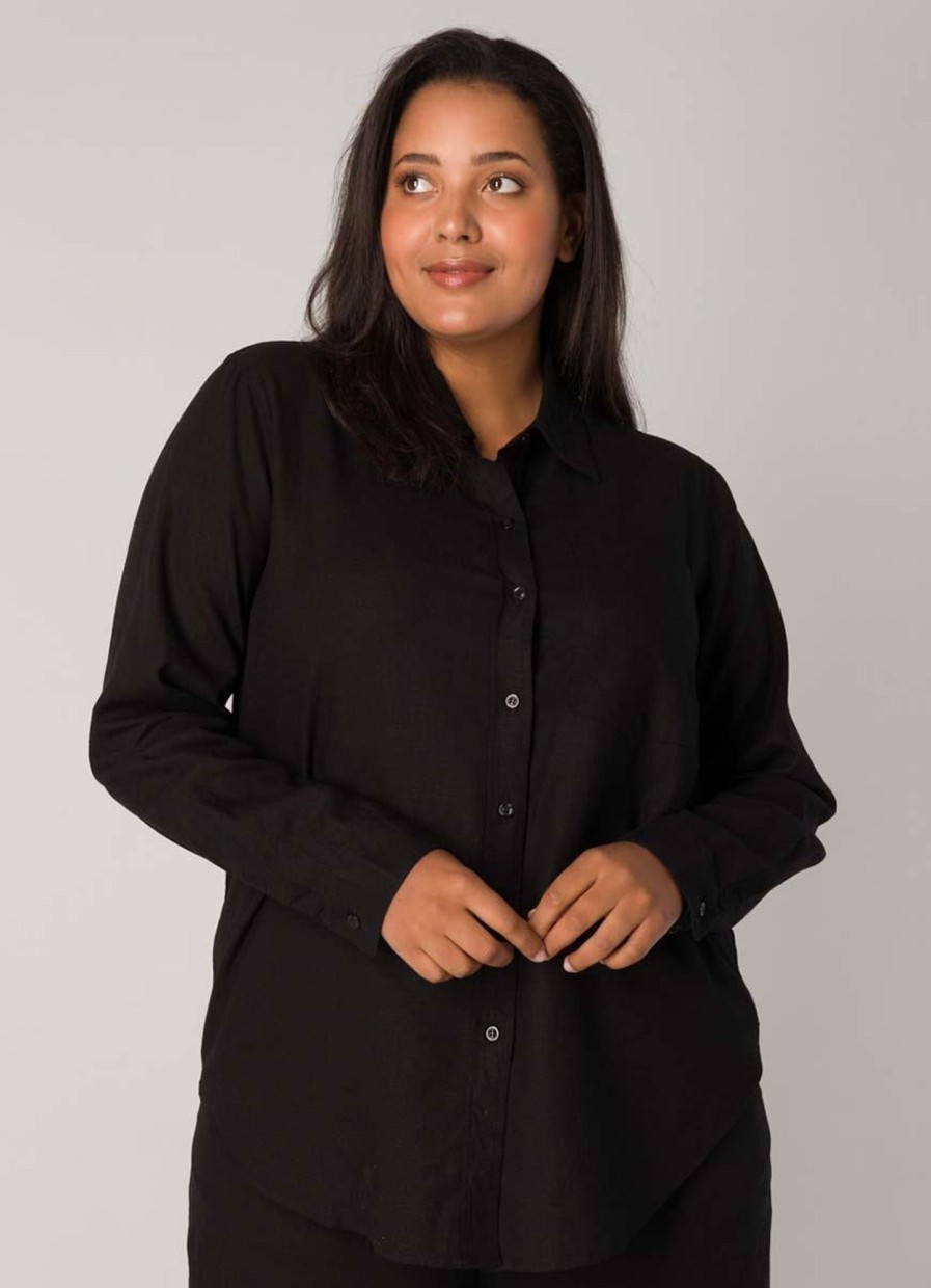 Grote Maten Mode Base Level Curvy | Base Level Curvy Linnen Blouse Yaella 087 Black