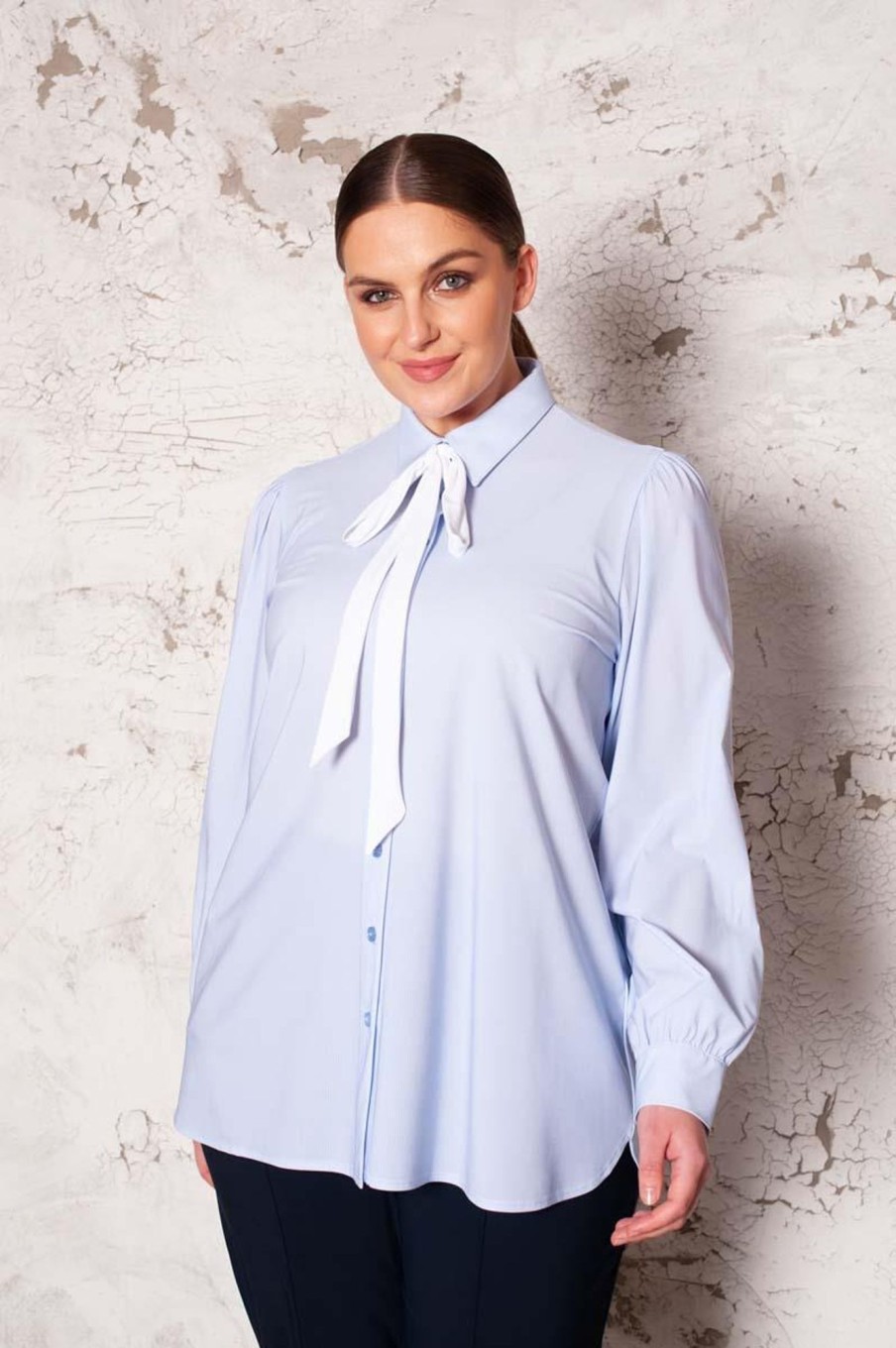 Grote Maten Mode Plusbasics | Plusbasics Blouse Puffed Travel 10231544 - 4244 Licht Blauw / Wit