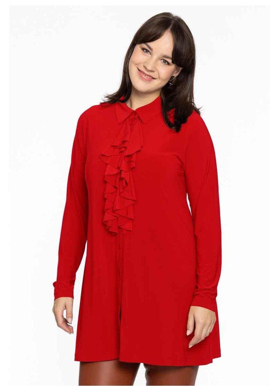 Grote Maten Mode Yoek | Yoek Blouse Frilled Front Dolce Rood Bl133704