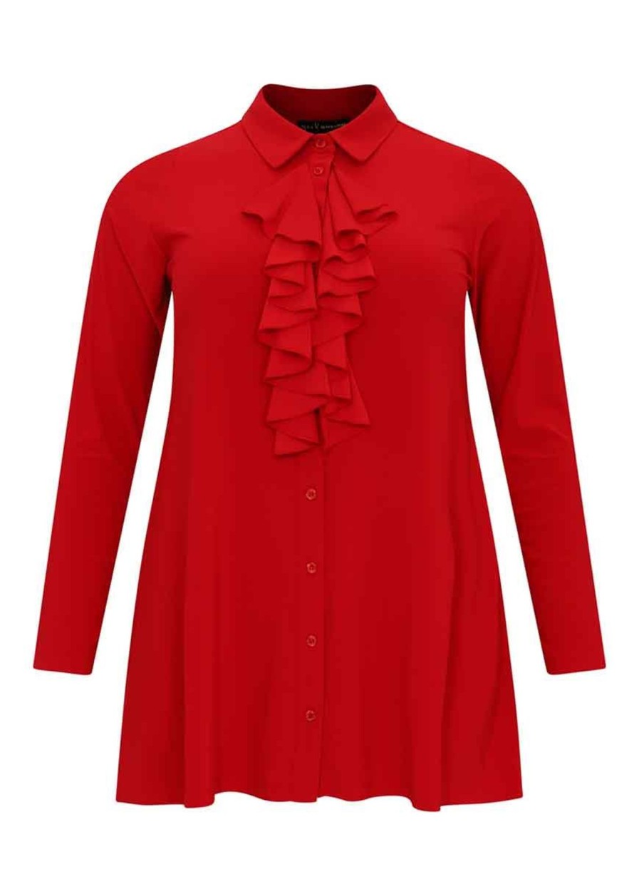 Grote Maten Mode Yoek | Yoek Blouse Frilled Front Dolce Rood Bl133704