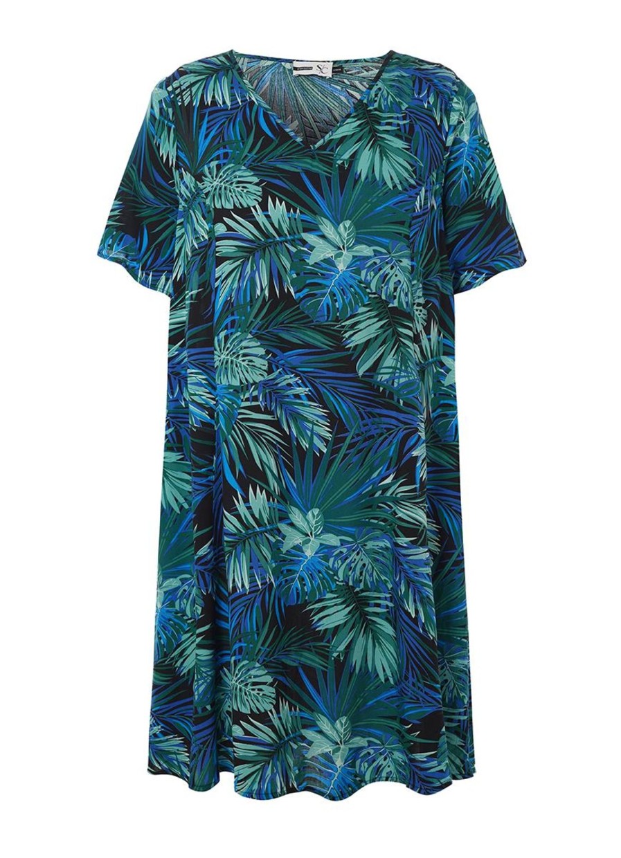 Grote Maten Mode Studio | Studio Dress Brigitte S234837 Bright Blue / Green Palm