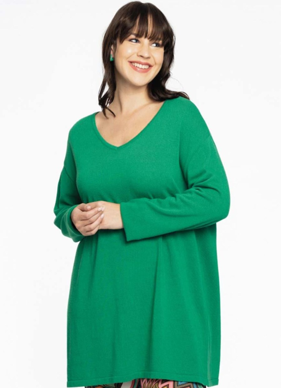 Grote Maten Mode Yoek | Yoek Trui V-Neck Cashmere B2669 - 240 Green