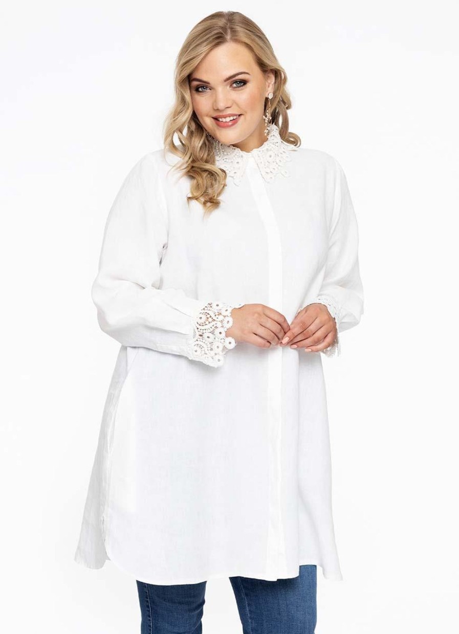 Grote Maten Mode Yoek | Yoek Blouse Lace Linen 1623742 - 201 White