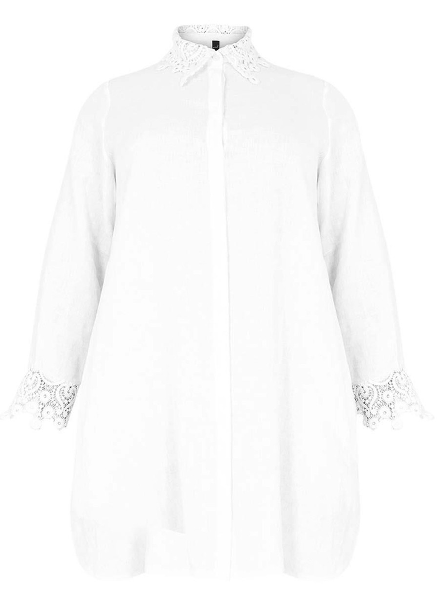 Grote Maten Mode Yoek | Yoek Blouse Lace Linen 1623742 - 201 White