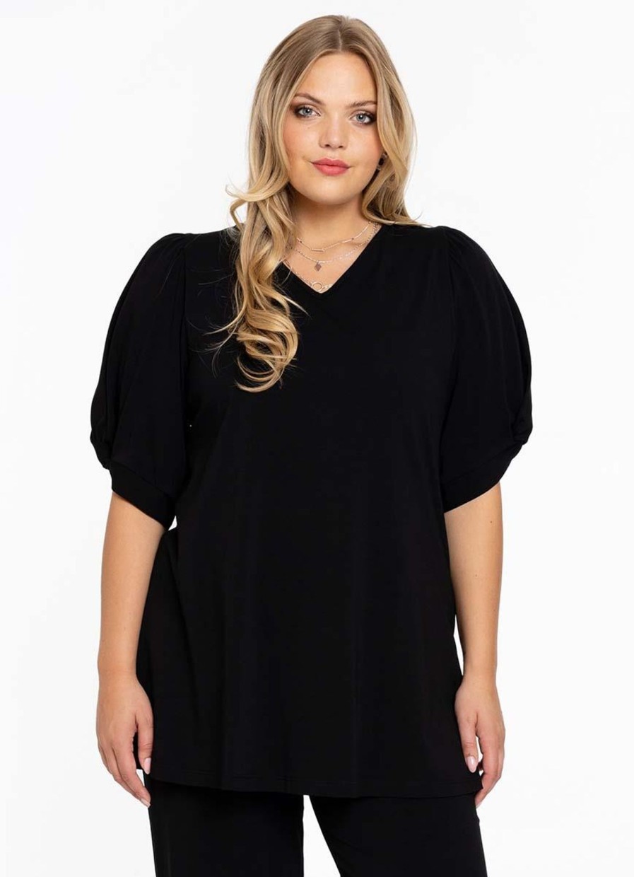 Grote Maten Mode Yoek | Yoek Tunic Flare Puff Organic Cotton B4150 - 210 Black