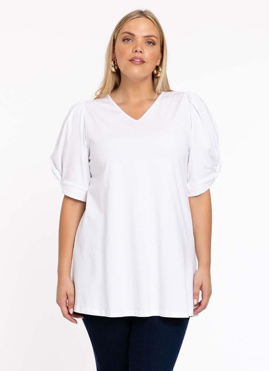 Grote Maten Mode Yoek | Yoek Tunic Flare Puff Organic Cotton B4150 - 201 White